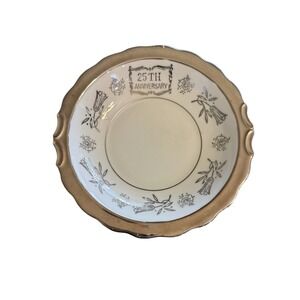 Vintage Sterling China Japan 25th Anniversary Silver Rim Scalloped Plate Bowl